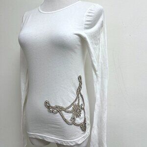 Simdog white crew t shirt long sleeve crystals S